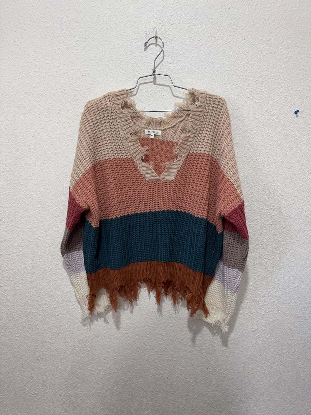 Miracle USA Multi-Color Striped Distressed V-Neck Sweater Size M/L